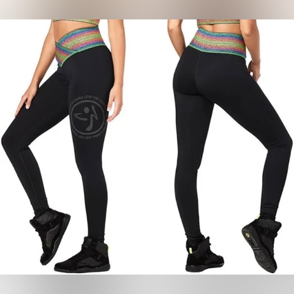 Zumba Fitness Black Leggings with RAINBOW Pride Waistband - Picture 1 of 6